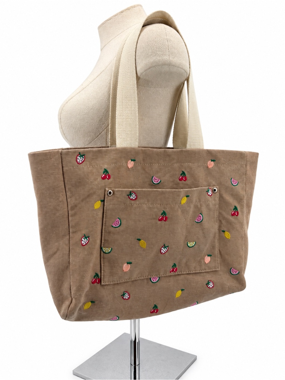 Wild Fable Tan Canvas Fruit Embroidered Tote Bag Cherry Strawberry Travel